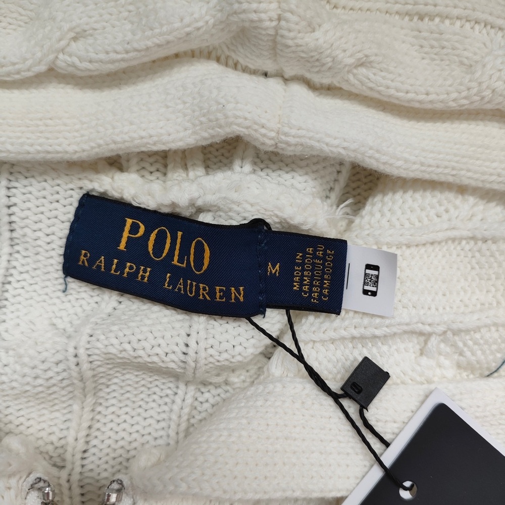 Ralph Lauren Cream Cable Knit Zip-Up Hoodie with Navy Pony Logo - Picture 5 of 7
